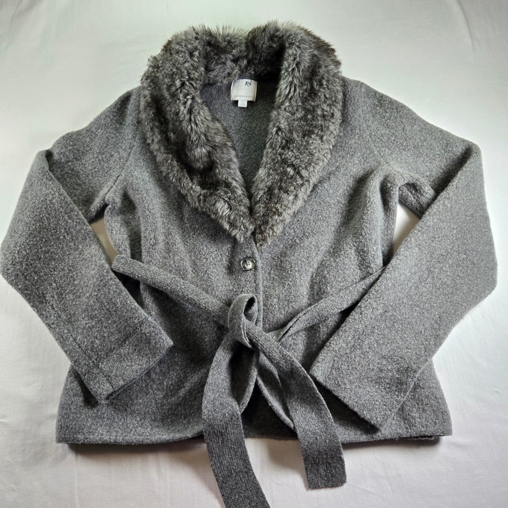 Anthropologie Ettitwa Gray Wool Blend Faux Fur Collar‎ Belted Jacket - M